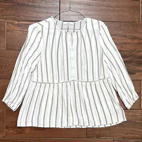 Women's Boho Blouse Shirt Top Ivory Ticking/Stripe Sz Large - Picture 1 of 8